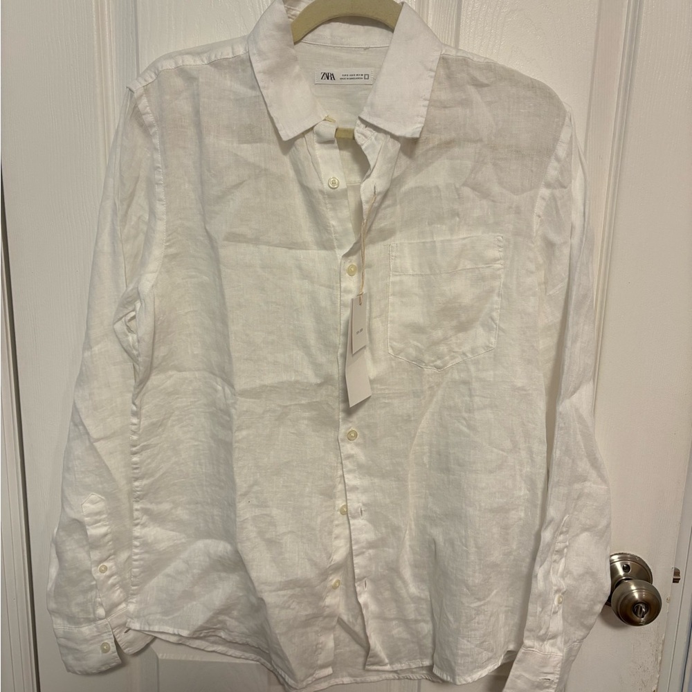 Zara Men's Linen White Button Down Shirt